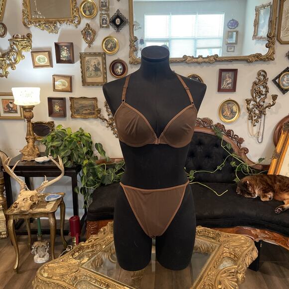 Y2k Vintage Victoria’s Secret Brown Print Bikini mesh bra panties set B36/L - Picture 1 of 2